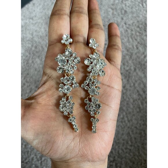 White rhinestone gold earrings clear long bridal prom crystal pierced earrings - Picture 4 of 9